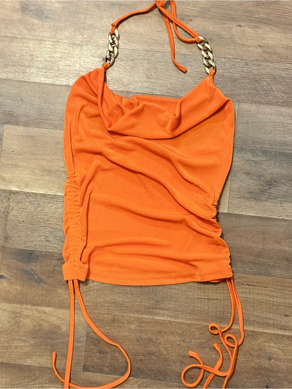 SHEIN Vibrant Orange Cowl Neck Halter Top Gold Chain Detail โขMediumโข